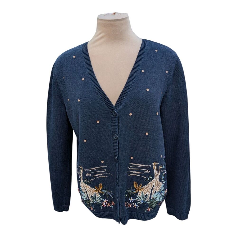 Alfred Dunner Safari Giraffe Sequin Embroidered Cardigan Sweater Petite S VTG